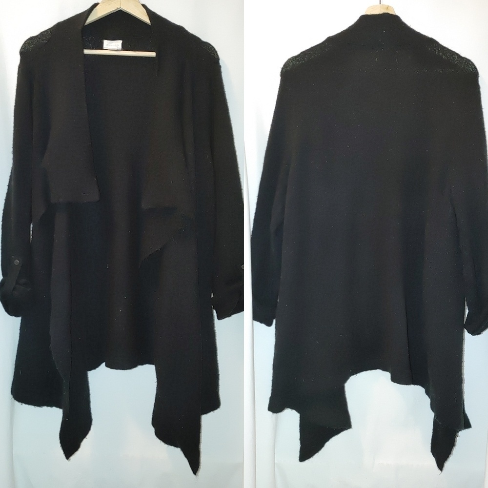 Caslon Nordstrom Open Front‎ Wrap Cardigan Tab Sleeves M Black Wool Camel Blend